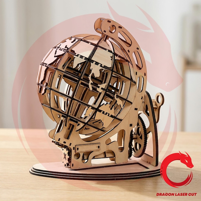 May include: A wooden globe model with a detailed laser-cut design. The globe features a stand, gears, and a circular base. The continents are visible within the globe's framework. The model is made of light-colored wood.