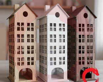 Laser cut house candle holder SVG bundle glowforge building windows  files Vector template file Dxf Pdf Eps Cdr cnc pattern