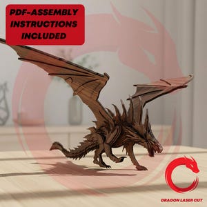 May include: A detailed wooden dragon sculpture with its wings spread. The dragon is brown and has a fearsome expression. The image includes the text "PDF-ASSEMBLY INSTRUCTIONS INCLUDED" and "DRAGON LASER CUT".