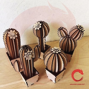 Pacchetto SVG 3D cactus tagliato al laser Glowforge Wood Cacti file svg Modello laser vettoriale Puzzle File tagliato al laser Dxf Ai Eps Cdr Modello cactus CNC