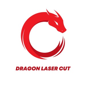 May include: Red dragon logo design in the shape of a circle. The dragon's head is facing the right side of the image. The text "DRAGON LASER CUT" is below the logo.
