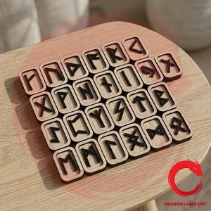 Puede incluir: Un conjunto de piedras rúnicas de madera, cada una con un símbolo rúnico negro, dispuestas sobre una superficie de madera clara. Las runas están en marcos rectangulares individuales. La imagen está tomada desde un ángulo ligeramente elevado.