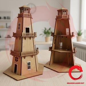 May include: Two wooden lighthouse models. One is fully assembled, the other is open to show the interior. Both have multiple levels, balconies, and a small tower at the top. The lighthouses are made of light and dark brown wood.