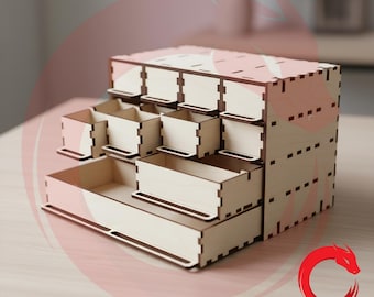 May include: A light-colored wooden desktop organizer featuring a tiered design with multiple open-front drawers. The structure is assembled with visible interlocking joints and dark edges. The text Dragon Laser Cut is visible.