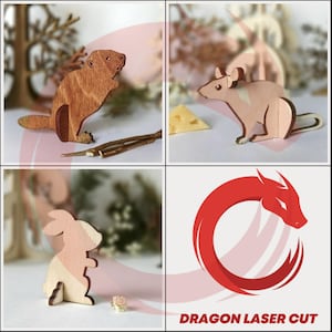 Pacchetto SVG puzzle 3 animali da 3 mm tagliato al laser Glowforge in legno file svg modello vettoriale coniglio topo castoro file di taglio DXF PDF Eps modello toro CNC