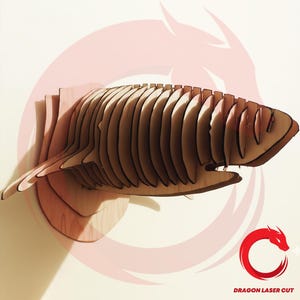 May include: A wooden, layered sculpture of a fish, mounted on a wall. The fish is constructed from numerous thin, curved wooden pieces, creating a three-dimensional effect. The sculpture is a light brown color and appears to be laser cut. The logo "DRAGON LASER CUT" is in the bottom right corner.