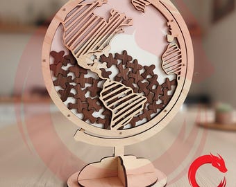 Lasergesneden wereldbol met standaard 3 mm puzzel 3D SVG-bundel glowforge hout aarde DXF-bestanden Vector sjabloon Dxf Eps Pdf Cdr cnc