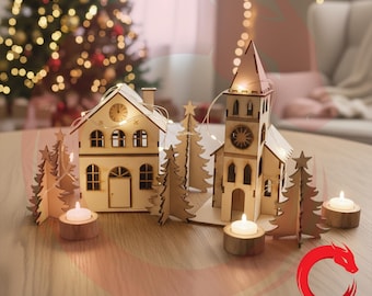 Laser cut Christmas Church Village Scene 3 mm 3d New Year decoration SVG bundle glowforge DXF files Vector template file Dxf Eps Pdf Cdr cnc