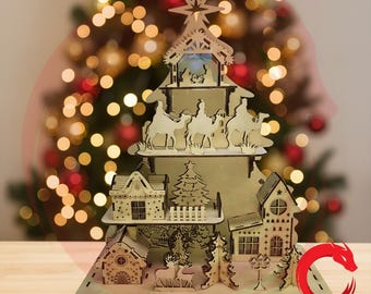 Laser cut Christmas tree village decoration scene 3 mm 3d puzzle SVG bundle glowforge wood DXF files Vector template file Dxf Pdf Cdr cnc
