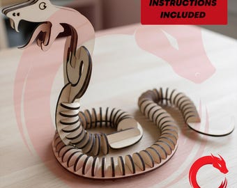 Paquete de archivos SVG de serpiente cobra cortada con láser en 3D para Glowforge (madera). Archivo de plantilla vectorial en formato DXF, PDF, EPS y patrón de dragón CNC.
