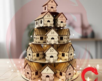 May include: A tiered wooden advent calendar shaped like a Christmas tree, featuring multiple small houses with laser-cut details and numbers. The structure is illuminated by thin string lights wrapped around the levels, creating a warm glow.