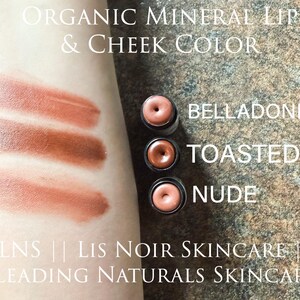 Showing ‘LNS’ ‘Lis Noir Skincare’ ‘Leading Naturals Skincare’ Brown Lipstick Shades swiped on skin from top to bottom, listed as ‘Belladonna’, ‘Toasted’, ‘Nude’.