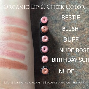 Showing ‘LNS’ ‘Lis Noir Skincare’ ‘Leading Naturals Skincare’ Nude Lipstick Shades swiped on skin from top to bottom, listed as ‘Bestie’, ‘Blush’, ‘Buff’, ‘Nude Rose’, ‘Birthday Suit’, ‘Nude’. Each product is shown to the right in a black tube.