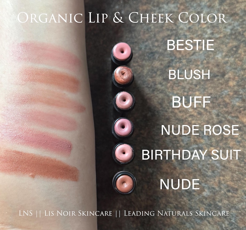 Showing ‘LNS’ ‘Lis Noir Skincare’ ‘Leading Naturals Skincare’ Nude Lipstick Shades swiped on skin from top to bottom, listed as ‘Bestie’, ‘Blush’, ‘Buff’, ‘Nude Rose’, ‘Birthday Suit’, ‘Nude’. Each product is shown to the right in a black tube.