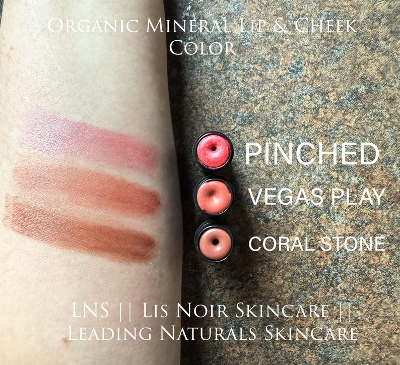 Showing ‘LNS’ ‘Lis Noir Skincare’ ‘Leading Naturals Skincare’ Peach Lipstick Shades swiped on skin from top to bottom, listed as ‘Pinched’, ‘Vegas Play’, ‘Coral Stone’