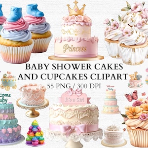 Baby Shower Cake Clipart Cupcake PNG Set Prinses Thema Ontwerpen Bloemen Cupcake Art Digitale Baby Shower Decor Pastel Party Clipart