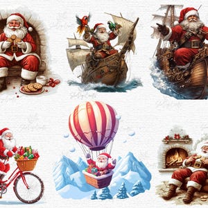 May include: A collection of whimsical illustrations featuring Santa Claus in various scenarios. Santa is depicted by a fireplace, on a ship, in a hot air balloon, riding a bicycle, and more. The images are colorful and festive.