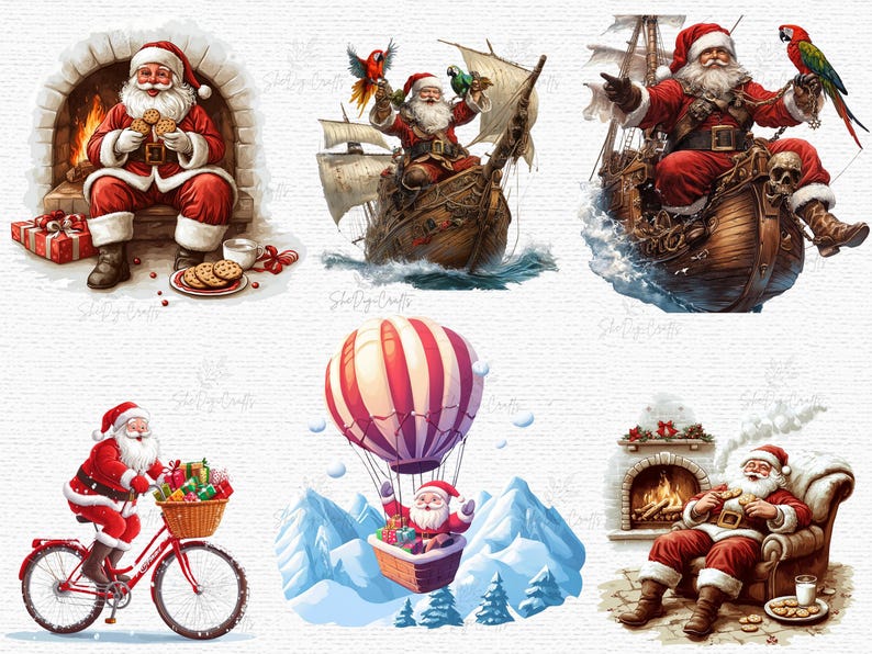 May include: A collection of whimsical illustrations featuring Santa Claus in various scenarios. Santa is depicted by a fireplace, on a ship, in a hot air balloon, riding a bicycle, and more. The images are colorful and festive.