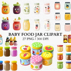 Può includere: Un set di 27 immagini clipart di vasetti per cibo per bambini in formato PNG, con una risoluzione di 300 DPI. I vasetti sono decorati con vari frutti, verdure e altri disegni. Il testo "BABY FOOD JAR CLIPART" e "27 PNG / 300 DPI" è visualizzato sull'immagine.