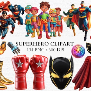 Super-herói Aniversário Clipart Digital PNG Designs Estilo de quadrinhos para crianças Convite Decoração Super-herói Clipart para Scrapbook Uso Comercial