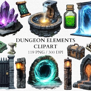 Pacote de clipart de elementos de masmorras de fantasia, portais, mapas, fontes, armadilhas, jogos digitais, arte, ilustrações de DND, mestre de masmorras, PNG de alta resolução