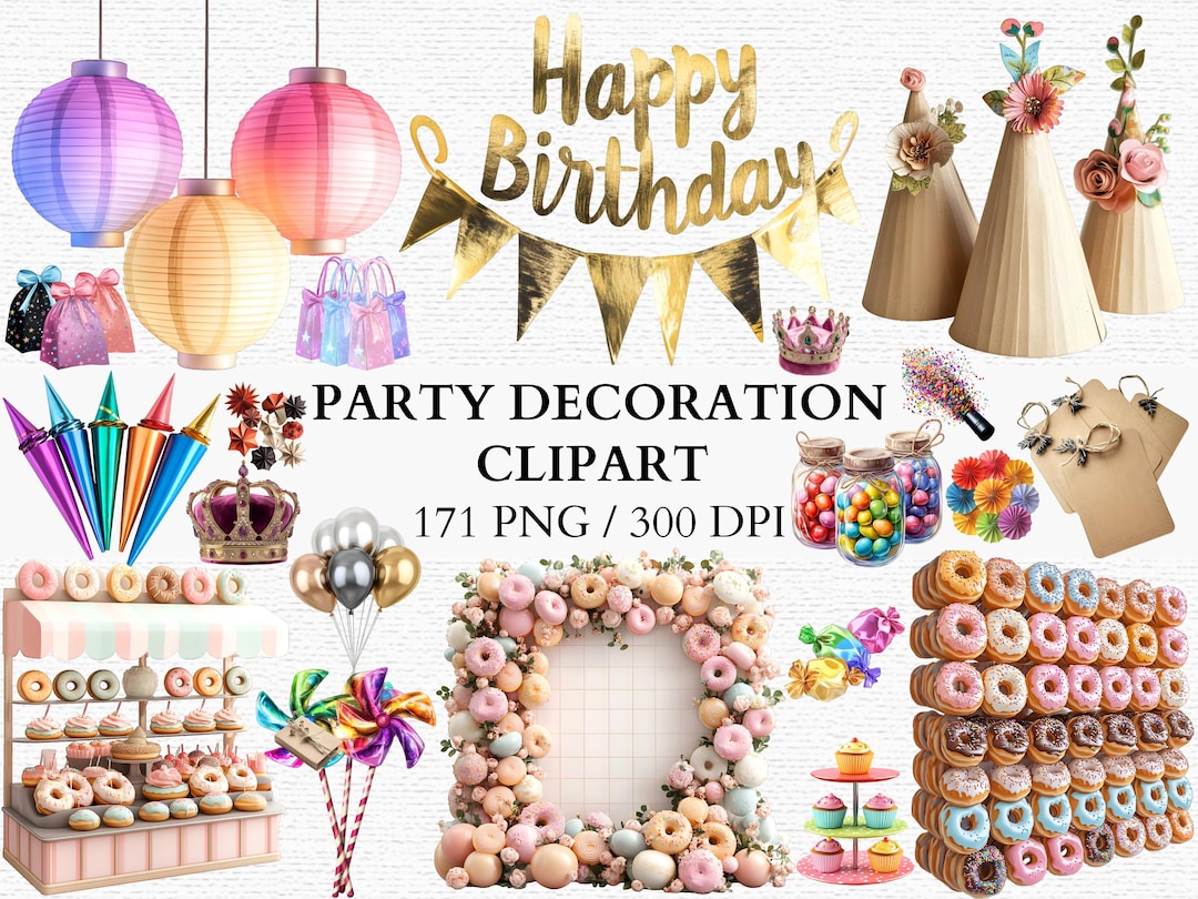 Party Decoration Clipart Bundle Birthday PNG Gold Party Hats Balloons ...