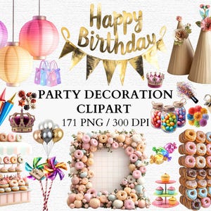 Feestdecoratie clipartbundel pastel en goud feestmutsen verjaardag decor png donut thema frame tags feestelijke cupcake standaard en kwastdecor