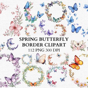 Clipart di ghirlande floreali con farfalle primaverili, sfondo trasparente, cornice di fiori pastello, invito a nozze, download digitale istantaneo