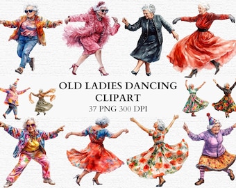 Imágenes prediseñadas de ancianas bailando, divertida abuela PNG, paquete retro vintage, arte de fiesta para mujeres mayores bailando, ilustraciones de abuelas, descarga instantánea