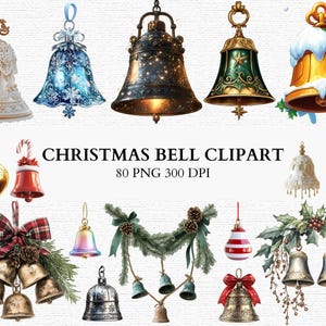 Op de afbeelding: Een verzameling aquarel kerstbel clipart. De bellen variëren in ontwerp, waaronder een witte kanten bel, een blauwe sneeuwvlokbel en een gouden bel met een ster. De tekst "CHRISTMAS BELL CLIPART" is ook zichtbaar.