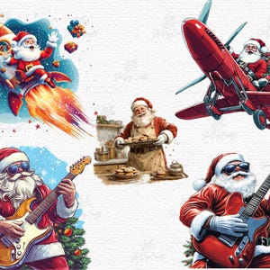 May include: A collection of whimsical illustrations featuring Santa Claus in various scenarios. Santa is depicted riding a rocket, flying a red airplane, baking cookies, and playing an electric guitar. Festive and colorful designs for Christmas.
