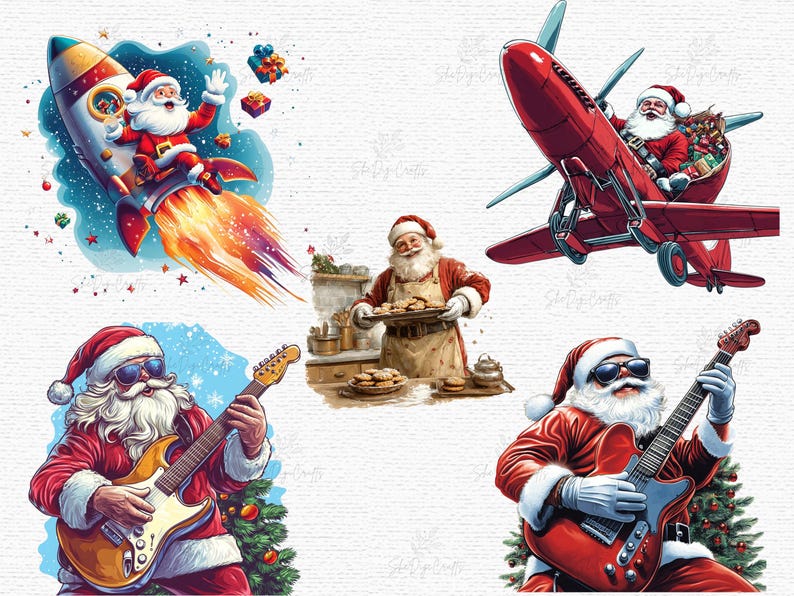 May include: A collection of whimsical illustrations featuring Santa Claus in various scenarios. Santa is depicted riding a rocket, flying a red airplane, baking cookies, and playing an electric guitar. Festive and colorful designs for Christmas.