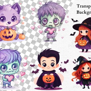 Kawaii zombie boy and girl Halloween graphics holding hearts and pumpkins. Pastel color palette with high-resolution transparent PNG backgrounds.