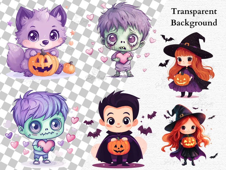 Kawaii zombie boy and girl Halloween graphics holding hearts and pumpkins. Pastel color palette with high-resolution transparent PNG backgrounds.