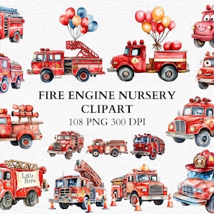 Fire Truck Clipart PNG Bundle Watercolor Fire Engines for Kids Nursery Decor Baby Shower Scrapbooking Sublimation Graphics Instant Download