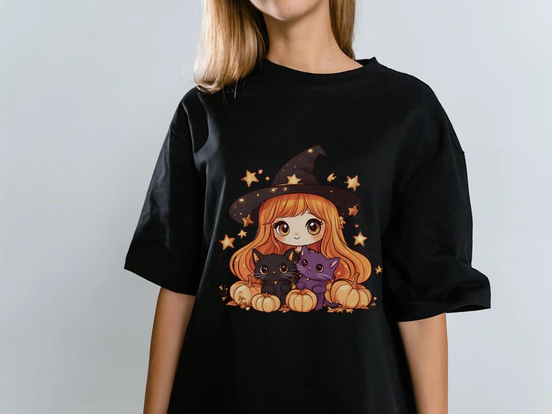 Kawaii Halloween clipart bundle featuring cute witch, cat, mummy, vampire, zombie, and pumpkin designs in pastel goth style. Includes 34 PNG graphics at 300 DPI with transparent backgrounds—perfect for sublimation, stickers, planners, cards, and seasonal craft projects.