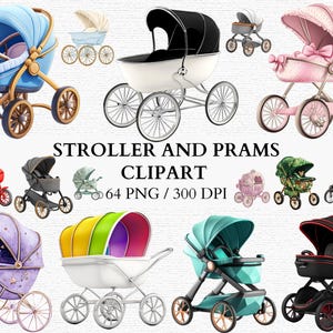 ベビーカー PNG クリップアート ベビーシャワーの招待状、カード、スクラップブック、DIY クラフト、保育園の装飾、商業利用に最適なかわいいベビーカーのデザイン