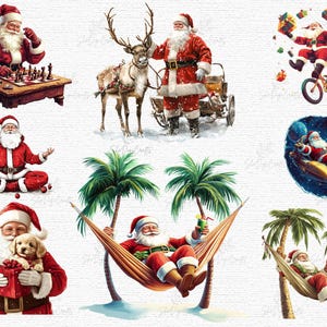Santa relaxing in a hammock between palm trees, sipping a tropical drink — festive summer-style Santa clipart for fun holiday projects.