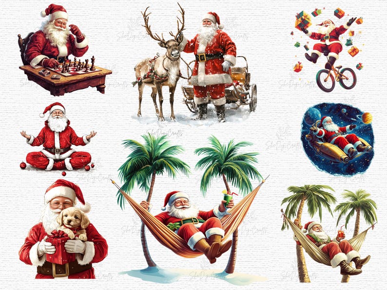 Santa relaxing in a hammock between palm trees, sipping a tropical drink — festive summer-style Santa clipart for fun holiday projects.
