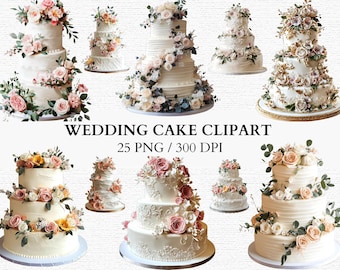 Elegante Hochzeitstorte Clipart mit Tiered Cakes mit komplizierten Blumenmustern, perfekt für den digitalen Download, kommerzielle Nutzung