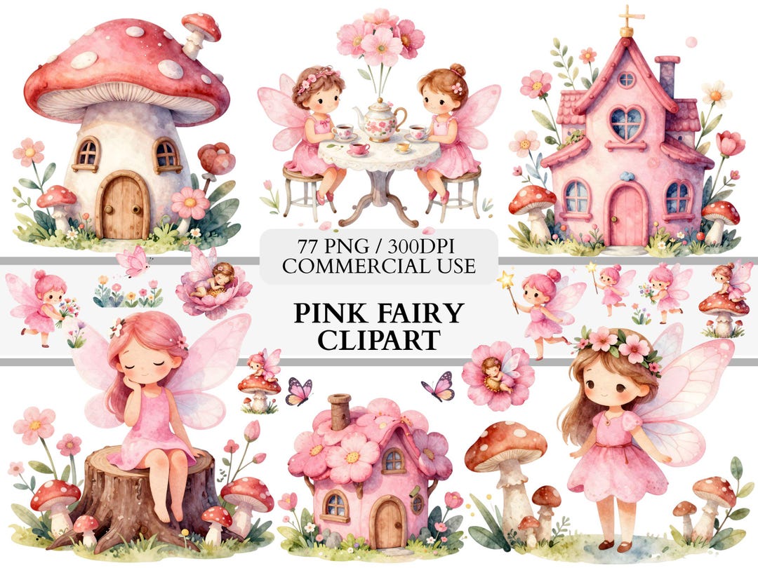 Pink Fairy Clipart Watercolor PNG Bundle, Cute Fairy Garden Clipart Set ...