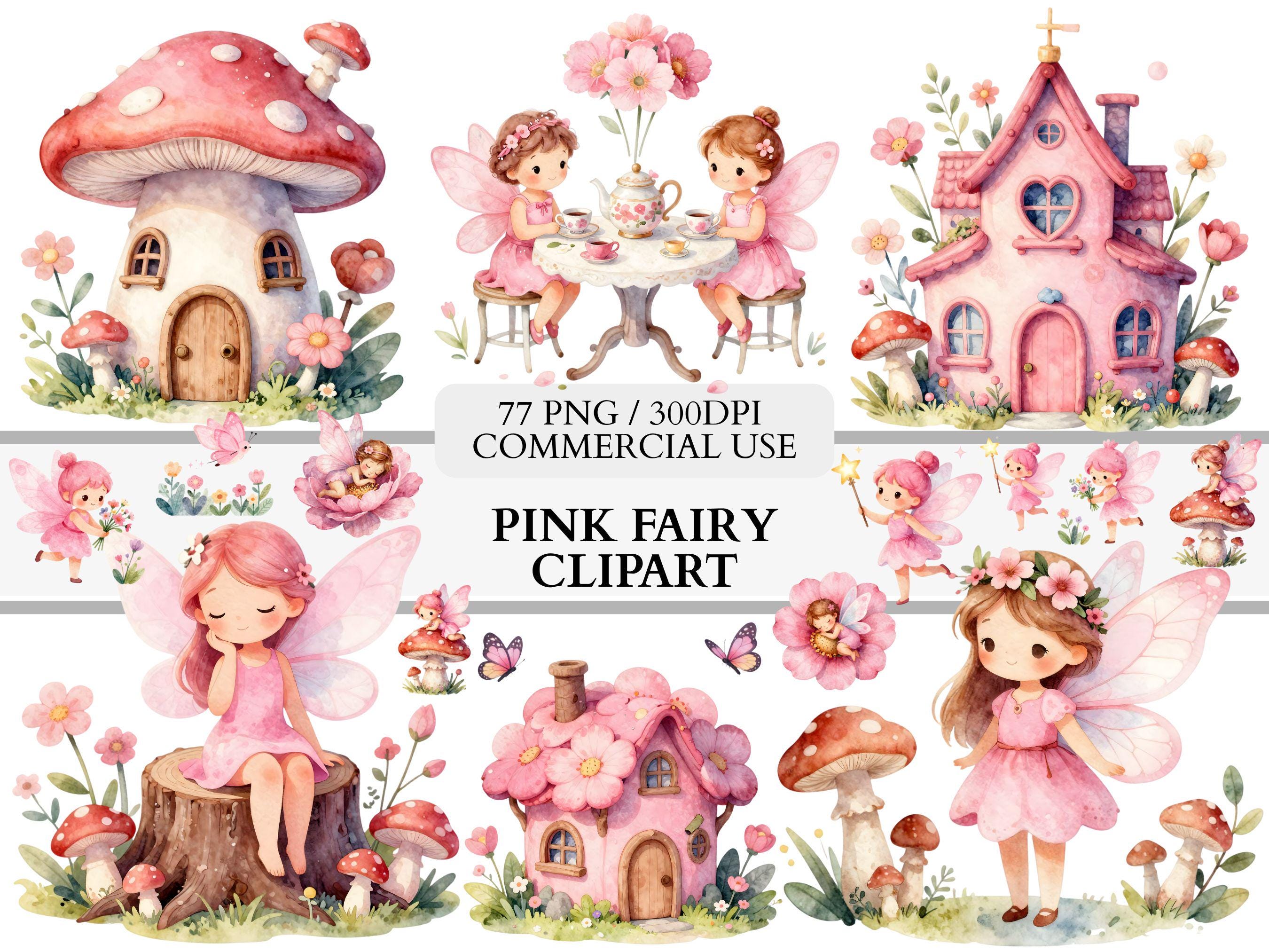 Pink Fairy Clipart Watercolor PNG Bundle, Cute Fairy Garden Clipart Set ...