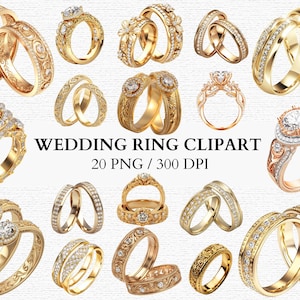 Conjunto de 20 imágenes prediseñadas de anillos de boda, ilustración de anillo de compromiso de diamantes de oro vintage, descarga digital, uso comercial, diseño de joyería, sublimación.