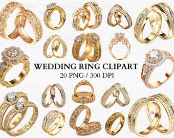 Hochzeit Ring Clipart PNG Set Gold Verlobungsringe Vintage Schmuck Grafiken Brautdusche Kunst Digitaler Download 300 DPI Kommerzielle Nutzung
