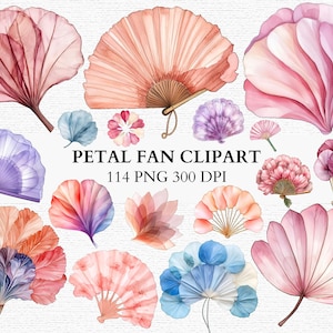 Petal Fan Clipart PNG Bundle Floral Hand Fan Graphics Watercolor Flower Fan Art Wedding Decor Digital Scrapbook Graphics Instant Download