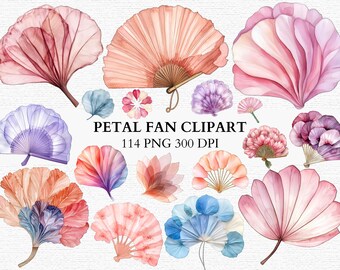 Petal Fan Clipart PNG Bundle Floral Hand Fan Graphics Watercolor Flower Fan Art Wedding Decor Digital Scrapbook Graphics Instant Download