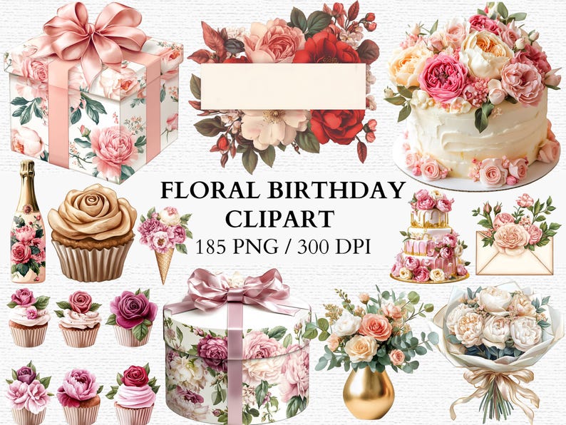 Floral Birthday Clipart Set Roses PNG Watercolor Flowers Wedding ...