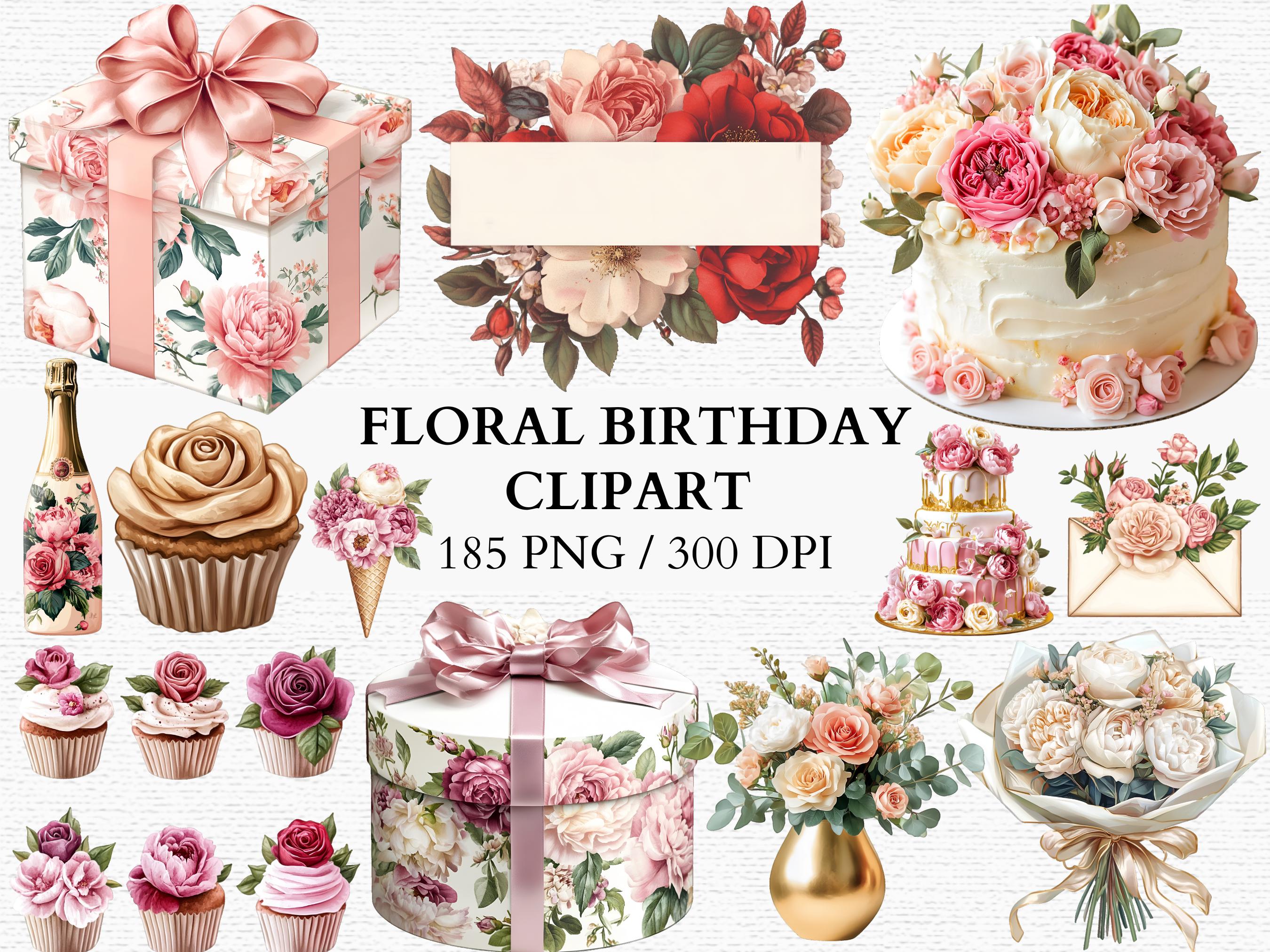 Floral Birthday Clipart Set Roses PNG Watercolor Flowers Wedding ...