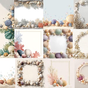 Puede incluir: Una colección de arreglos de conchas marinas y corales, perfectos para diseños con temática costera o de playa. Las imágenes presentan varias composiciones, incluyendo bordes, marcos y coronas, con una paleta de colores y texturas naturales.