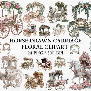 Carrozza trainata da cavalli con fiori PNG Clipart Matrimoni da favola Decorazioni da principessa Progetti fai da te vintage Design per eventi Clipart stampabile Uso commerciale